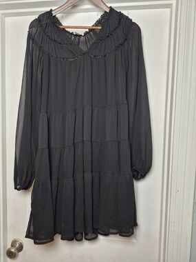 entro Black Long-Sleeve Sheer Tiered Ruffle Dress Large